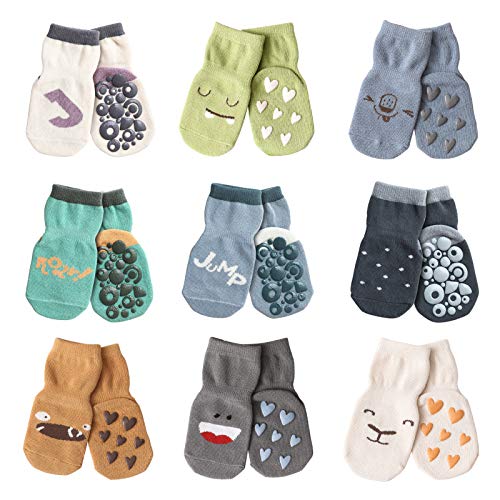 Toddler Boys Girls Crew Socks With Grips Baby and Kids Non-Skid Cartoon Ankle Cotton Socks 9 Pack, Assorted Color, 3-5 Years