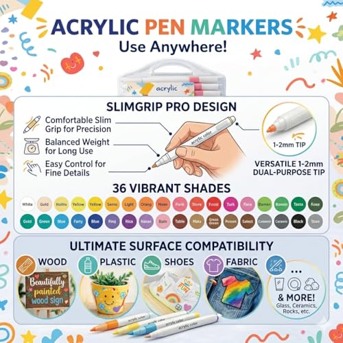 Image of Professional Acrylic Paint Markers Set, 36 Vibrant Colours, Brush Tip, Water-Based, Non-Toxic, for Rock Painting, Canvas, Glass, Wood, School Projects, with Portable Storage Case