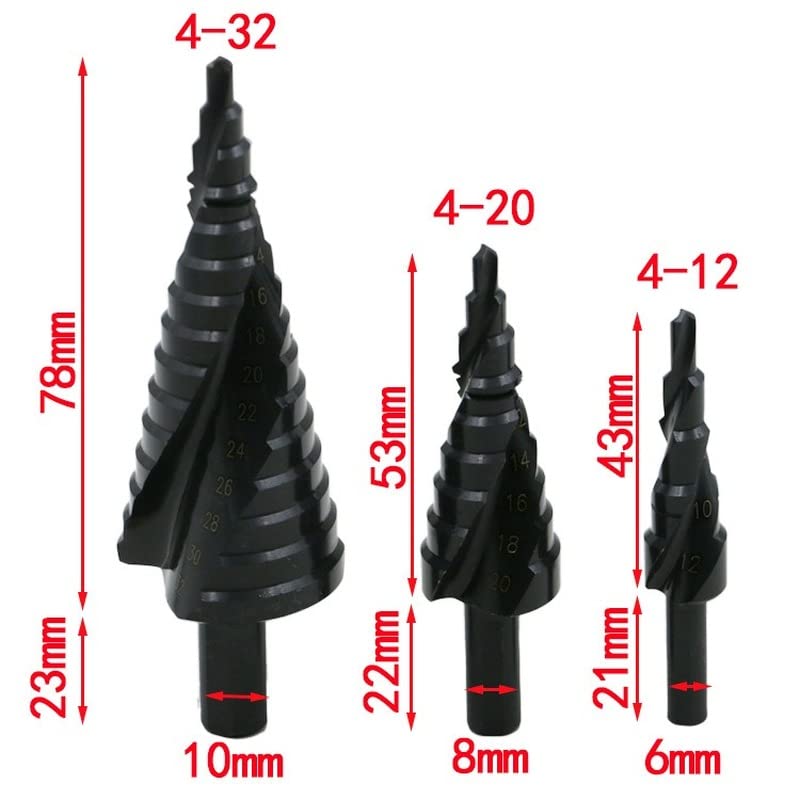 BAtlam 3 uds Taladro Escalonado 4-32mm Acero de Alta Velocidad nitruración de Cobalto Broca de Metal en Espiral vástago Triangular para Herramientas de Taladro de Cono de Metal de Madera