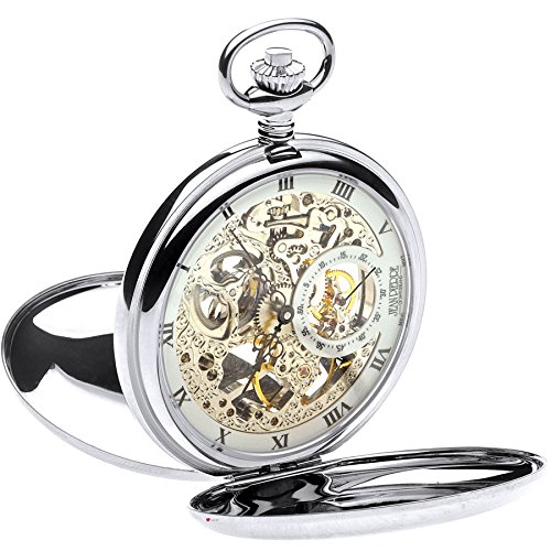 I LUV LTD Skeleton Full Double Hunter Pocket Watch 17 Jewelled Mechanical Chromed Case