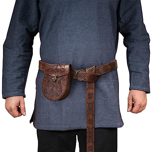 HiiFeuer Medieval O-Ring Belt with Nordic Embossed Pouch, Vintage Faux Leather for LARP (Brown), Brown a - Image 2