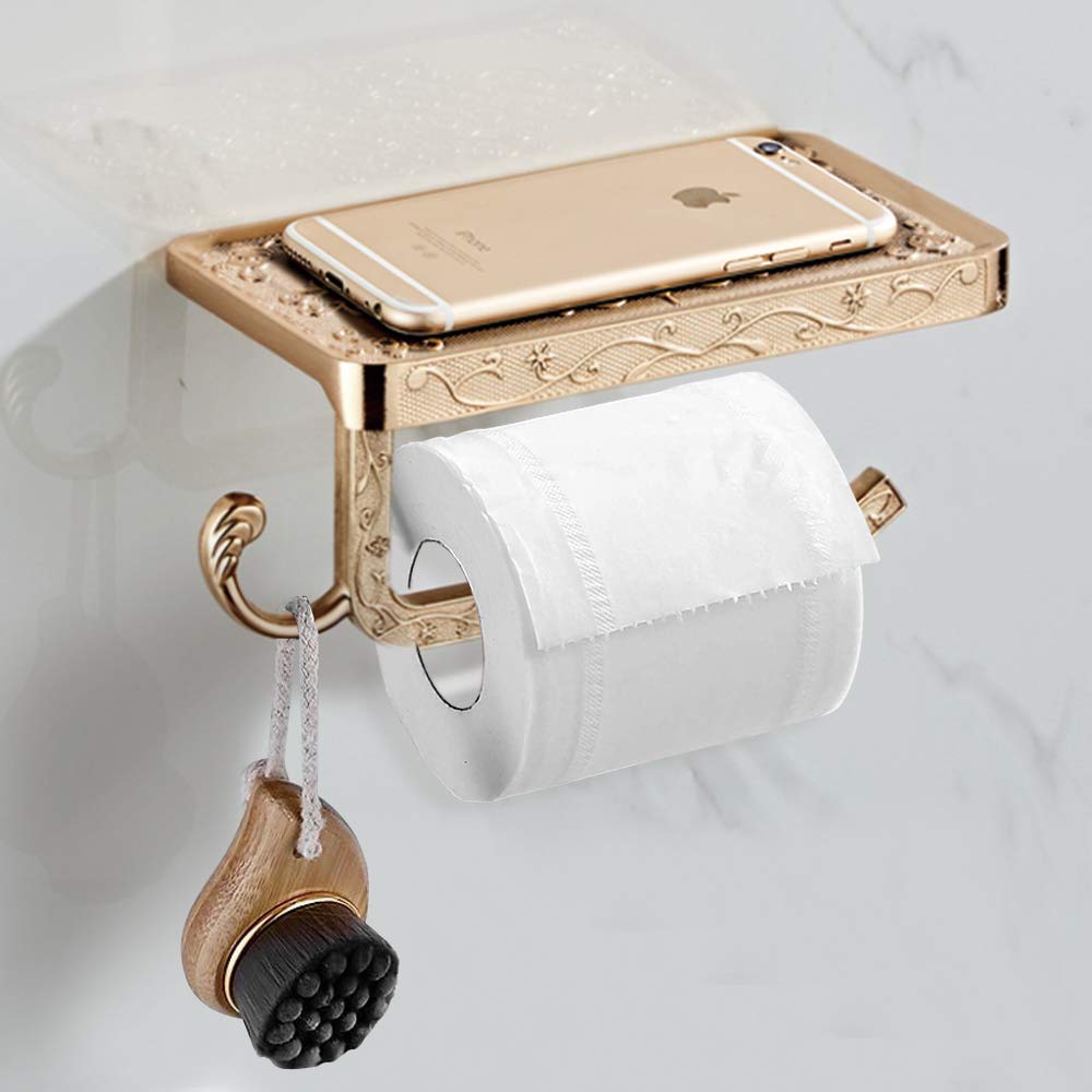 TuCao Antique Carving Toilet Roll Holder，Rustproof Vintage Style Tissue Holder Bronze，Premium Wall Mounted Tissue Paper Dispenser for Bathroom with Shelf and Hook (Golden)