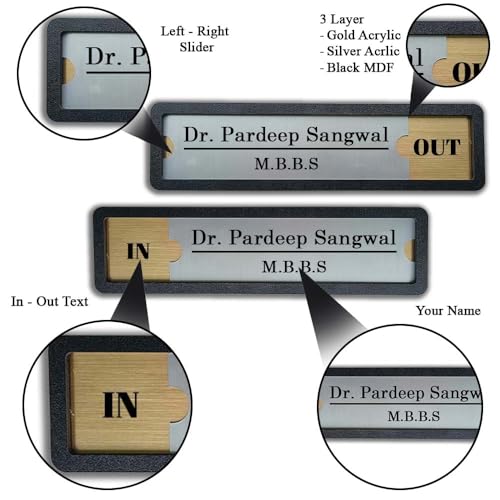 Image of Sliding Door Sign Board with In /Out Status | Personalised Name Plate Display | MDF Base with Gold /Silver ABS Acrylic | Office, Cabin, Toilet, Room Sign (11.5 x 3 Inch)