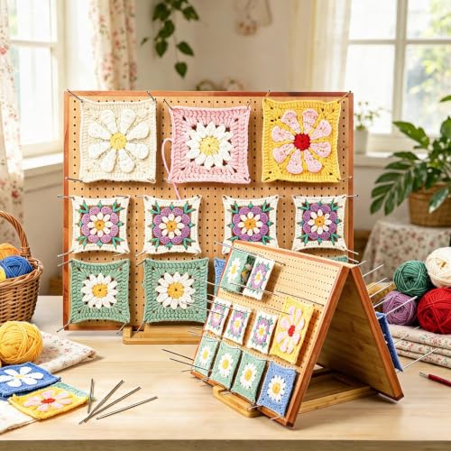 Image of 19 inch Crochet Blocking Board with 35 Pins /Pegs, Granny Square Blocking Boards for Crochet Projects, Wooden Crocheting Accessories Gifts for Crocheters