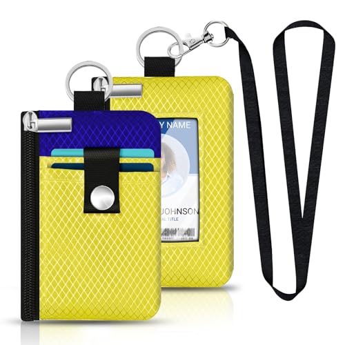 Image of Minimalist RFID Blocking Small Wallet with ID Window,WaterResistant Zip Id Case Wallet with Lanyard Keychain for Cards,Cash,Travel,Women,Men (Lemon Yellow /Sapphire Blue)