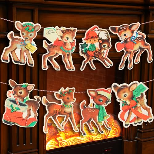 Cinnvoice 6.56 ft Vintage Christmas Banners Christmas Decorations Wooden Garland Hanging Decorations Xmas Banner for Xmas Party Office Mantle Home Wall Outdoor Indoor(Deer)