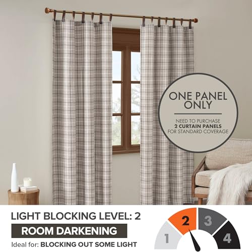 Image of Madison Park Anaheim Cabin Plaid Curtain Window, Thermal Insulated Fleece Lining, Living Room Decor Room Darkening Drape for Bedroom, 1-Single Panel, 50x84 Faux Leather Tab Top, Brown (Pack of 4)