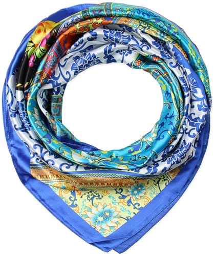 corciova 35 x 35 Large Women Satin Tie Square Bandana Silk Feeling Hair Scarf Wrap Headscarf Cerulean Blue Floral Bandana