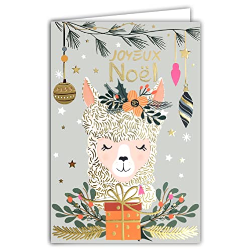 Afie 61-5649 Carte Joyeux Noël en Or Doré Brillant Scintillant étincelant Flamboyant Lama Cadeau Boules Gui Sapin Fêtes de Fin d'Année - Avec Enveloppe Blanche Cover