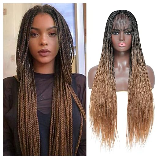ROSEBONY Box Braided Wigs for Black Women Ombre Brown 30" Long Micro Braids Wigs with Bang Synthetic Heat Resistant Fiber Small Braids (Fake Scalp Wig, 1b/30)