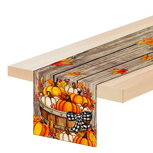 Acsenceter Fall Thanksgiving Pumpkin Table Runner 72 Inches Long, Buffalo Plaid Bow Wood Board Burlap Farmhouse Party Holiday Dining Table Decoration For Home Decor 13X72 In #TOP4