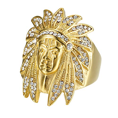 PAMTIER Men s Stainless Steel Iced Out CZ Gold Vintage Hip Hop Tribal Indian Chief Biker Ring Size 13