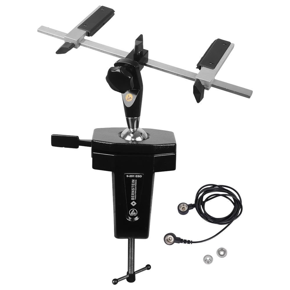 BERNSTEIN ESD Schraubstock Kugelgelenk-Kombination Spannfix Vario Zum Anklemmen + Kabel | Schraubstock Drehbar 360° | Neigungswinkel +/- 45° | Platinenhalterung justierbar von 25 mm bis 270 mm