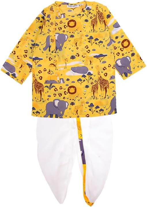 Superminis Baby Boys Cotton Animal Print Full Sleeves Side Button Kurta with Dhoti Kurta Set For Boys