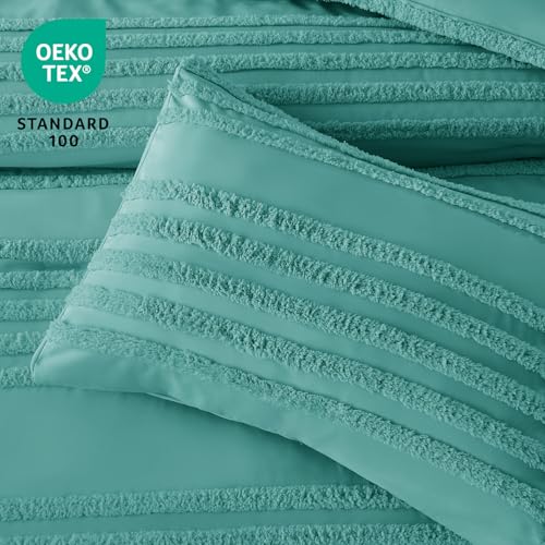 Image of BEDELITE Boho Comforter Set Queen Size, Aqua Tufted Striped Bed Set 3 Pieces, Soft Vintage Farmhouse Comforter for All Seasons, Boho Home Decor,Fluffy Jacquard Bedding with 2 Pillow Shams