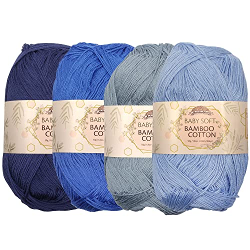 JubileeYarn Baby Soft Bamboo Cotton Yarn - 50g/Skein - Shades of Blue - 4 Skeins