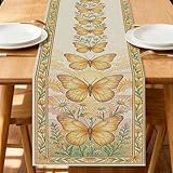 Camino de mesa floral de mariposas, diseño vintage de mariposas amarillas y hojas verdes para decoración de comedor en el hogar de primavera, 13 x 72 pulgadas