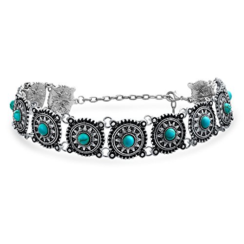 Native America Fashion Festival Concho Faux Blue Turquoise Choker Necklace Western Jewelry For Women Teen Oxidized Silver Plated Adjustable #TOP22