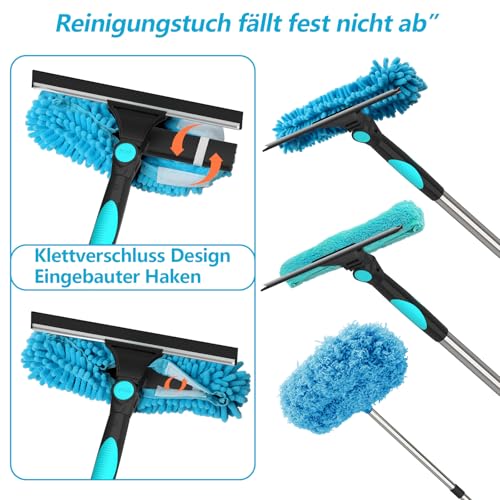 4 in 1 Teleskop Fensterwischer Abzieher Set,24cm~390cm Extra Lange Fensterputzer Set,1 Stauber,3 Mikrofasertuchbürsten & 2 Gummischaber für hohe Fenster im Innen-und Außenbereich,Bad,Dusche,Auto, Glas