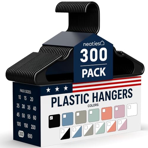 Neaties Plastic Hangers 300 Pack - Made in The USA - 6lb Capacity Standard Clothes Hangers with Notches and Reinforced Edges for Dresses, Lingerie, Shirts, Pants, and Jackets - Black