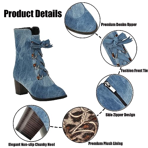 Women's Denim Lace up Mid-Calf Booties,Retro Chunky Heel Side Zipper Office Work Mid Heel Anti-Slip Bootie Winter Dress Chelsea Short Boots Classic Snow Boots2