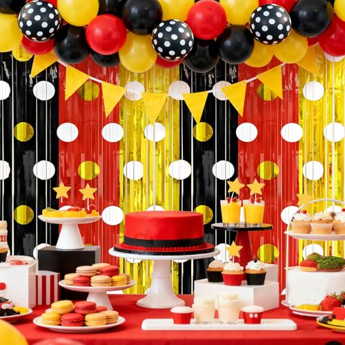 Image of 2 Packs Red Black Yellow Foil Fringe Curtain, Mouse Polka Dots Glitter Metallic Tinsel Backdrop for Birthday Baby Shower Cartoon Mouse Party Decorations Supplies