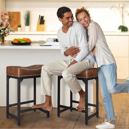 Image of Bar Stools Set of 2, Counter Height Bar Stools for Kitchen Counter, 24 Inch Saddle Barstools Kitchen Stools, Counter Height Stools for Bar, Kitchen, Island-Brown