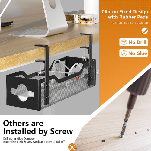 Image of Cable Management Under Desk 13.38 inch- No Damage to Desk, Standing Desk Cable Organizer, Quszmd Under Desk Cord Organizer, Under Desk Wire Management Tray Black