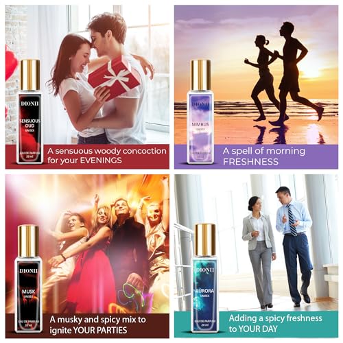 Image of Dionii Eau De Parfum Gift Set for Men and Women | MUSK, AURORA, SENSUOUS OUD, NIMBUS Perfume Set | Long Lasting Fragrance (4 x 20ml Each)