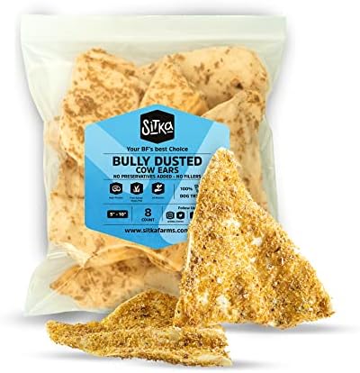 SITKA Farms Bully Dusted Cow Ears for Dogs 8 Count - Premium Rawhide Free Dog Chews - Beef Natural Dog Treats for Small, Medium and Large Dogs - Doggie Dental Care - Healthy Long Lasting Beef Ear