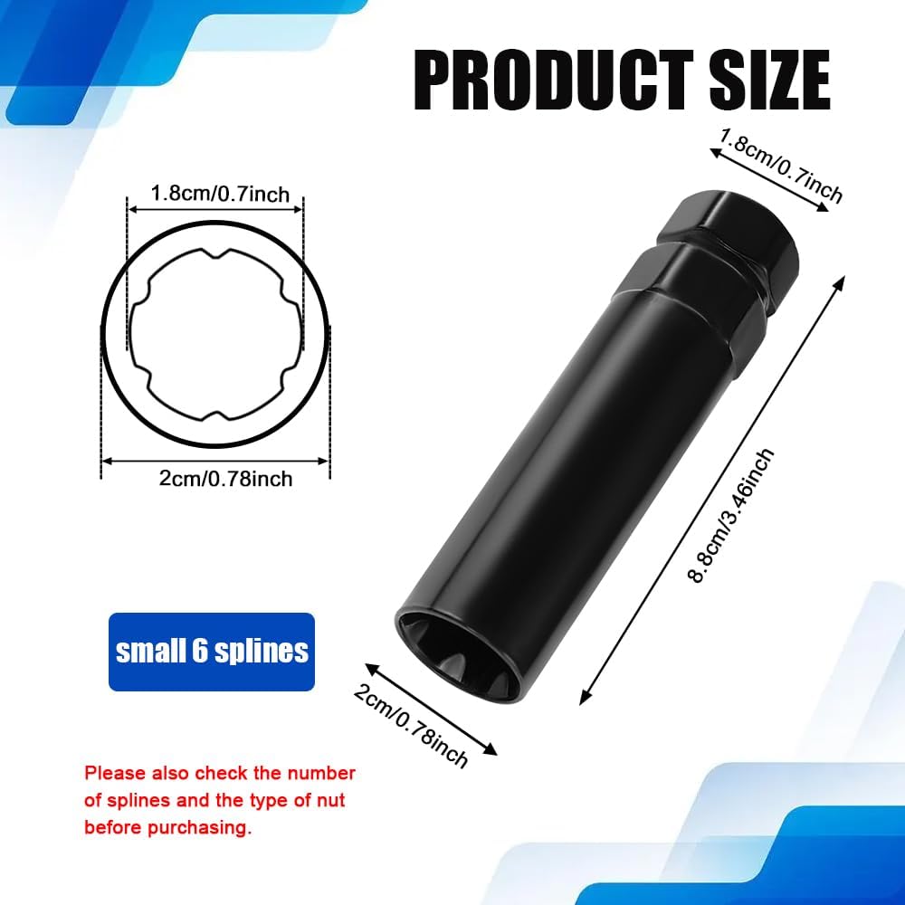 Small 6 Spline Lug Nut Socket, Wheel Lock Key Replacement for Six-Spline Wheel Lock Lug Nuts, Wheel Lock Removal Tool for 19 mm(3/4 Inch)&21 mm(13/16 Inch) Hex Socket Wrench (Small 6 Spline)