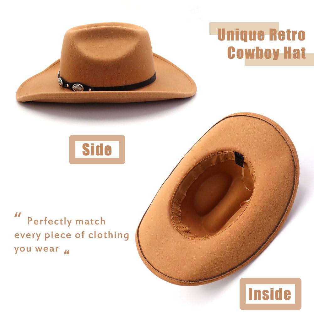 Cappello da cowboy occidentale per uomo e donna a tesa larga in feltro cappello da cowboy con fibbia cintura classico Fedora cappello