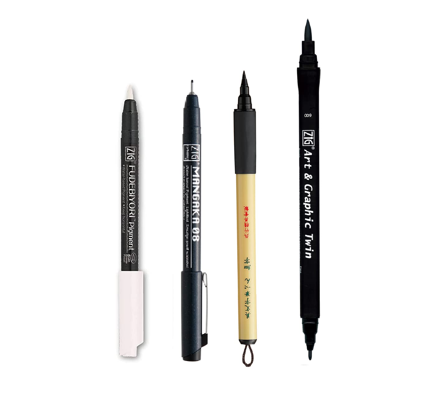 ZIG KURETAKE Special Set, Illustration Basic Set 3 Black Markers and 1 White Brush Pen [CBK-55P,CNM-08,BIMOJI,TUT-80] for Manga Drawing, Lettering and Calligraphy, Professional Artist Quality.
