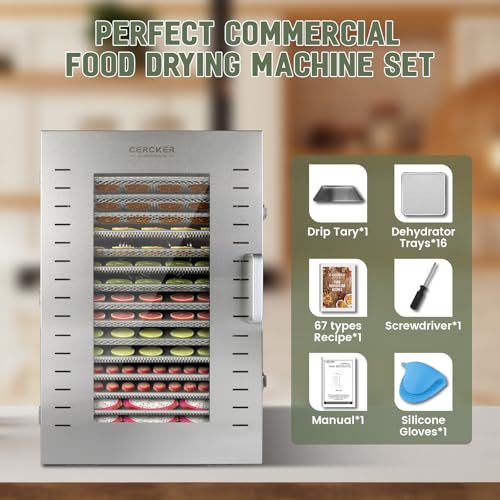 Commercial Food-Dehydrator Machine 16 Trays, 27.28ft² Industrial-Dehydrator Large Capacity, 70ºF-190ºF Commercial Food-Dryer Machine, 1500W Meat Dryer for Fruit,Herbs,Beef Jerky Maker