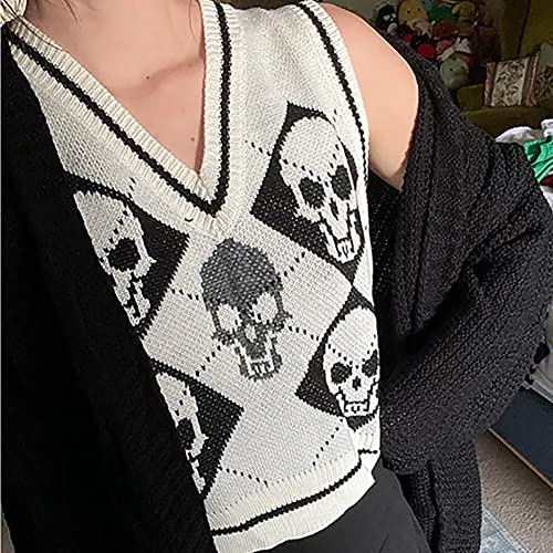 Image of jinghuiyue Women's Sleeveless Sweater Vest Halloween Skull Printed Knit Vest V Neck Crop Pullover Knitwear Tank Tops