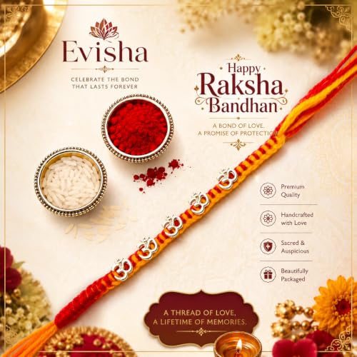 Image of Designer Rakhi with Crystal Embellishments, Gold Tone Beads, Red and Yellow Thread, Raksha Bandhan Gift