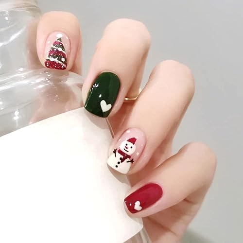 Miniatura 7 de Uñas postizas de Navidad a presión medianas y cortas con forma de copo de nieve cuadradas rojas con líneas diseño de pan de jengibre uñas acrílicas