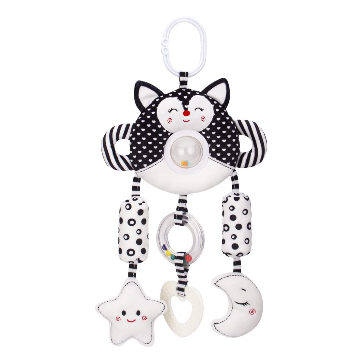SHXERO Baby Stroller Hanging Toy, Baby Toys for 3 6 9 to 12 Months, Infant Toys Soft Plush Car Seat Toys with Teether Sound Wind Chimes, Black and White Toys for 0, 3, 6, 9, 12 Months (Fox)
