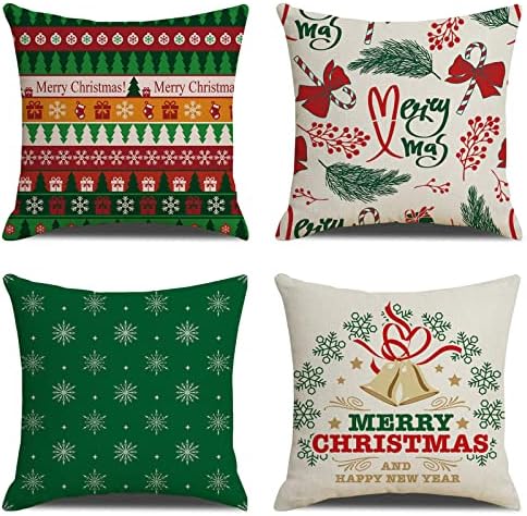 EDAGNY® Fodera per cuscino natalizio – 4 pezzi (45 cm × 45 cm) Fodera per cuscino natalizio, federa quadrata in morbido cotone e lino come decorazione natalizia per la casa, verde