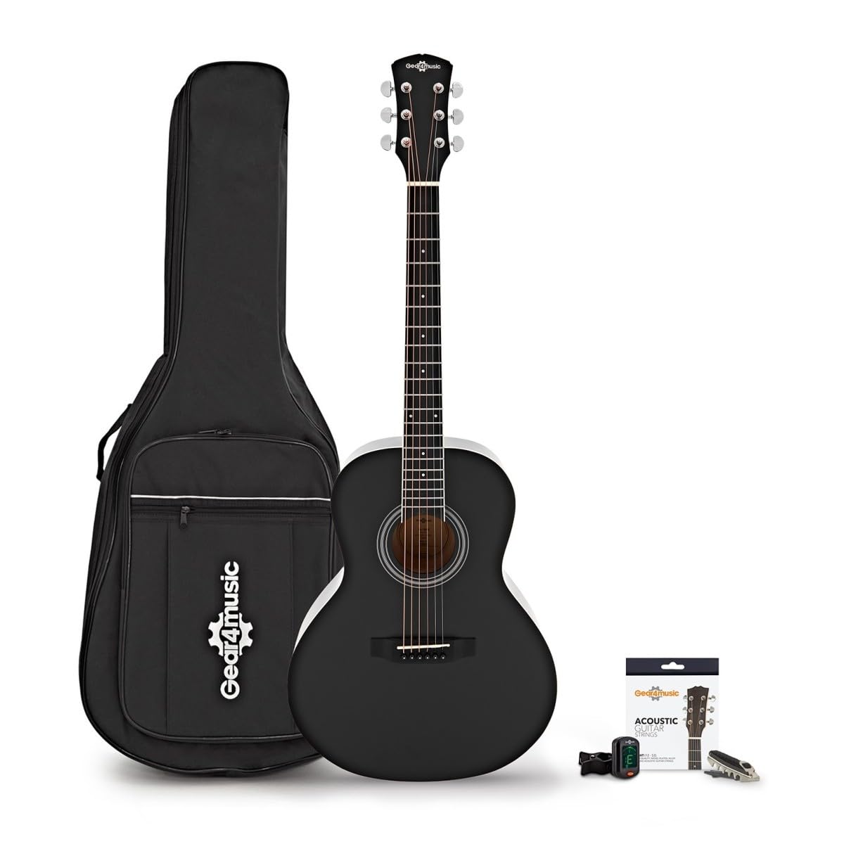 Chitarra acustica Parlour e pacchetto di accessori di Gear4music, nero | Corpo Compatto Ideale per Viaggiare, Tiglio per Toni Chiari ed Equilibrati, Borsa Corde Accordatore e Capotasto, Nero