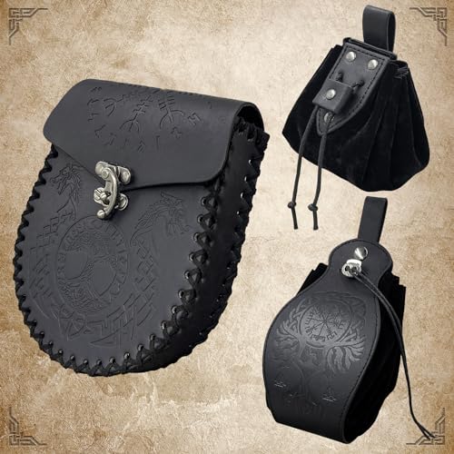 Image of EpicCos 3 PCs Medieval Faux Leather Belt Bag Set, Renaissance Drawstring Pouch Dice Bag, Vintage Side Pack Coin Purse for LARP (Black A)