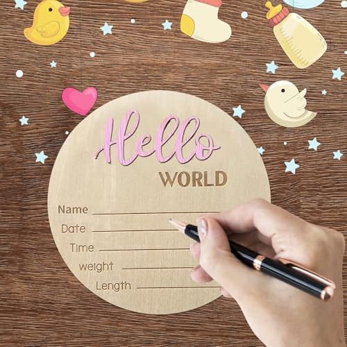 Image of Baby Announcement Sign, ​5.9 Inch Wooden Hello World Newborn Signs, Birth Announcement Sign, Baby Shower Hospital Nursery for Newborn Boys and Girls (Light Pink,Pen)