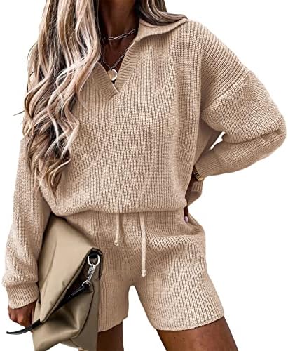 PRETTYGARDEN Women's 2 Piece Outfits 2023 Winter Long Sleeve V Neck Knit Pullover And Shorts Sweater Pajama Sets (Beige Apricot,Medium)