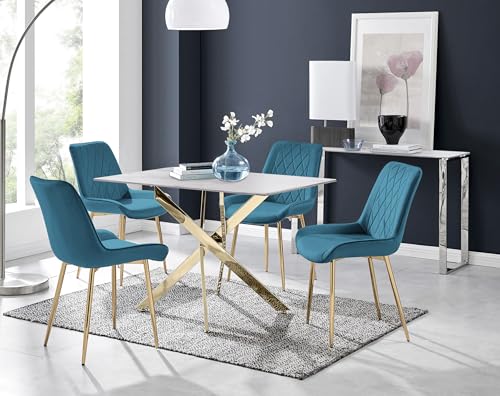 Image of Furniturebox UK Leonardo White Glass Marble Effect Gold Leg Table & 4 Blue Pesaro Gold Leg Chairs