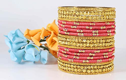 Image of NMII Watermelon Color Silk Thread & Glass Bangles Set For Girls & Women (Watermelon,2.2)
