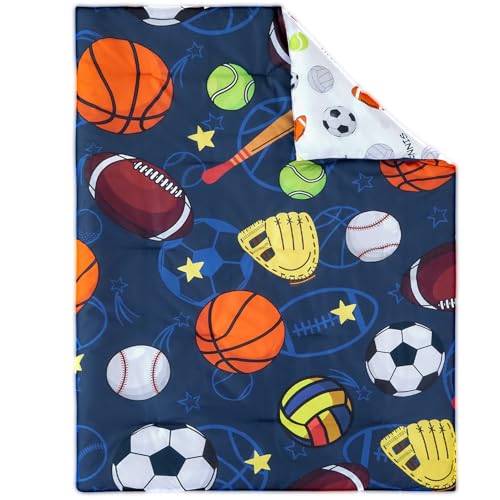 Image of PERFEMET Sports Toddler Bedding Set, 3D Soccer Baseball Football Basketball 4 Pieces Comforter Set with Sheets and Pillowcases, Ultra Soft Navy Blue Bed in A Bag Toddler Bed Set for Kids Boys Girls