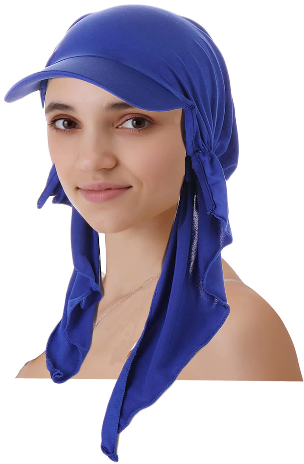 Women Peaked Chemo Cap Sun Protection Baseball Cap Newsboy Hat Elastic Soft Pre Tied Headscarf Hair Loss Turbans Royal Blue