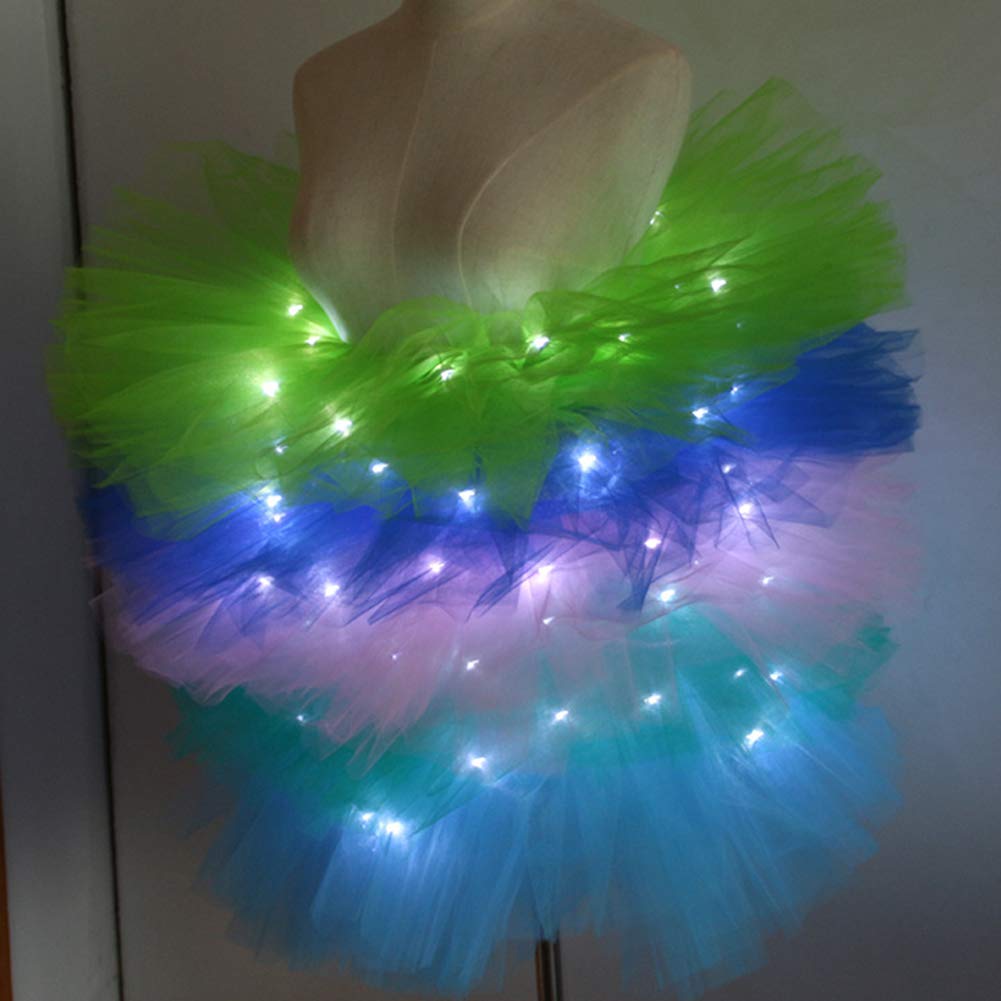 FABSELLER LED Adult Ballet Luminous Skirt Mesh Bubble Skirt 5-Layer Dance Skirt with Lights (Red)