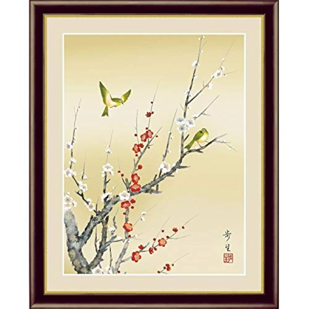 Amazon | 額絵 日本画 花鳥画 春飾り 紅白梅に鶯 F4 北山歩生