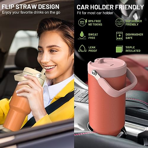Image of 40 oz Insulated Tumbler with Top Handle and Flip Straw, Vacuum Insulated Stainless Steel Cup with Leak-Proof Lid, Sweat-Free, Fits Cup Holder, Keeps Ice Cold up to 30 Hours